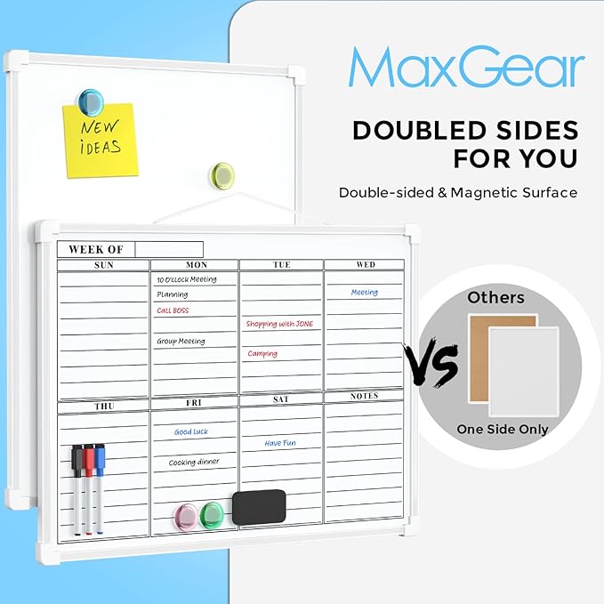 MaxGear Small Weekly Calendar Dry Erase Board for Wall, 16"x12" Hanging Double-Sided White Board, Portable Whiteboard for Planning, Drawing, Memo, to Do List, School, Home, Kitchen, Office