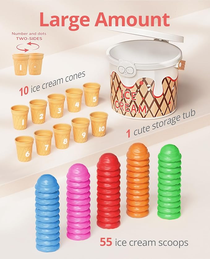 JoyCat Ice Cream Preschool Learning Activities Counting and Color Sorting Set Stacking Toys for Kids 3-5, Educational Fine Motor Skills Toys, 65PCS Math Manipulatives