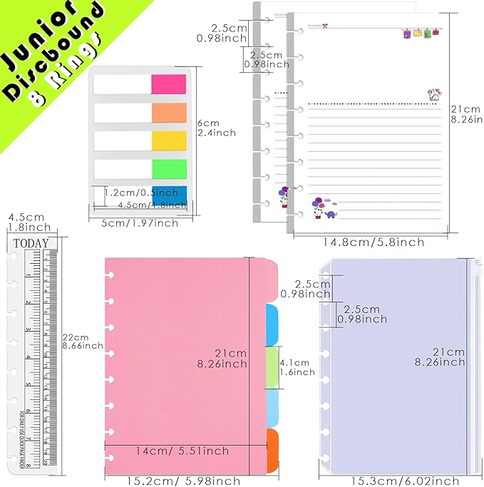 Rancco Discbound Notebook Refills, 180 Pages 8 Hole Punched Half Letter Lined Paper Inserts w/Index Tabs, Index Dividers, Loose-Leaf Bag, Ruler For Circa, Arc, TUL, Happy Planner, 5.5x8.5"