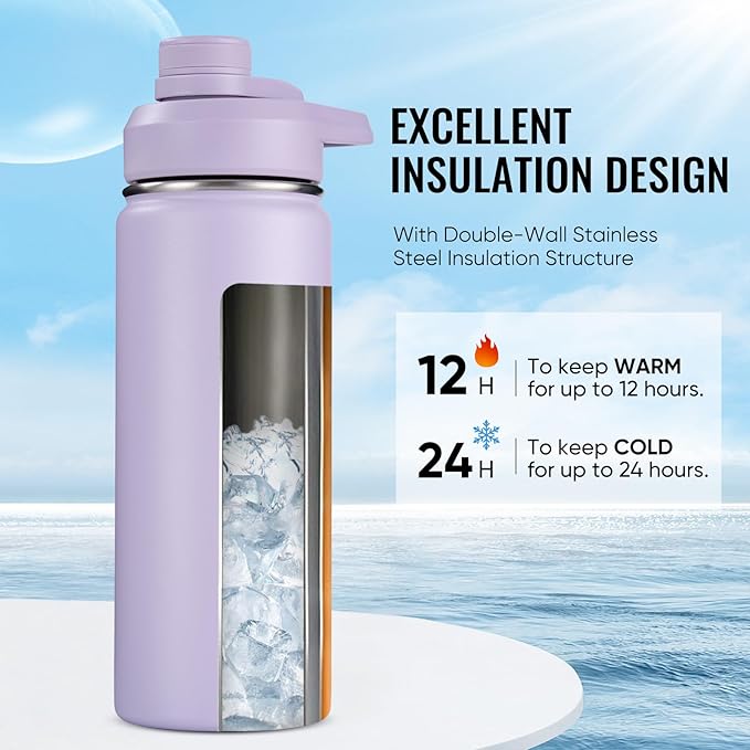 Fijinhom 18 oz Insulated Water Bottle with Handle, 304 Stainless Steel Water Bottles with Wide Mouth, Double Wall Vacuum Sports Water Bottle, BPA Free, Keep Cold and Hot, Purple