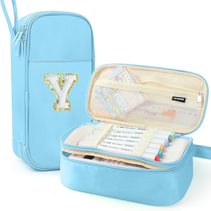 Large Pencil Case,Big Capacity Pencil Pouch,Personalized Initial Pencil Bag with smooth zipper,Multiple Pockets,Cute Aesthetic Stationery Pen Case Bag for Teen Girls College (Blue, Y)