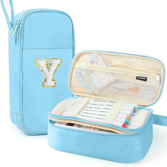 Large Pencil Case,Big Capacity Pencil Pouch,Personalized Initial Pencil Bag with smooth zipper,Multiple Pockets,Cute Aesthetic Stationery Pen Case Bag for Teen Girls College (Blue, Y)