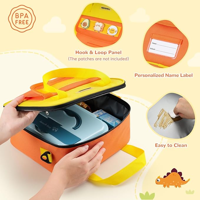 REDSHELL Tactical Lunch Box Kids, Large Insulated Lunch Bag for Boys Girls, Cooler Lunchbag, Square Toddler Lunchbox, School Daycare Lunch Tote Pail with Water Bottle Holder Shoulder Strap, Orange