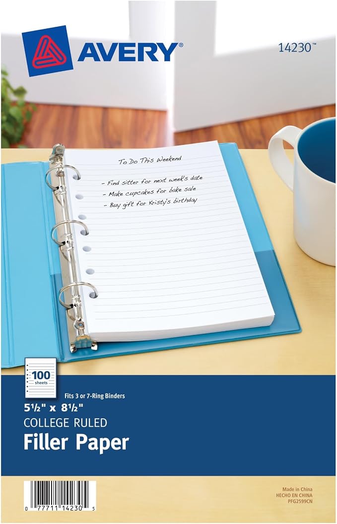 Mini Size Binder Filler Paper, 7-Hole Side Punched, 5.5 x 8.5, College Rule, 100/Pack