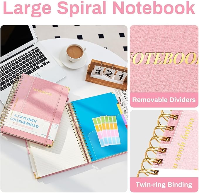 Aeshetic Hardcover Spiral Notebooks for Work with Removable Dividers & Tabs 8.5" X 11" Note Taking 5 Subject Notebook College Ruled A4 Linen Spiral Notebook for School Cute Journals for Women Writing
