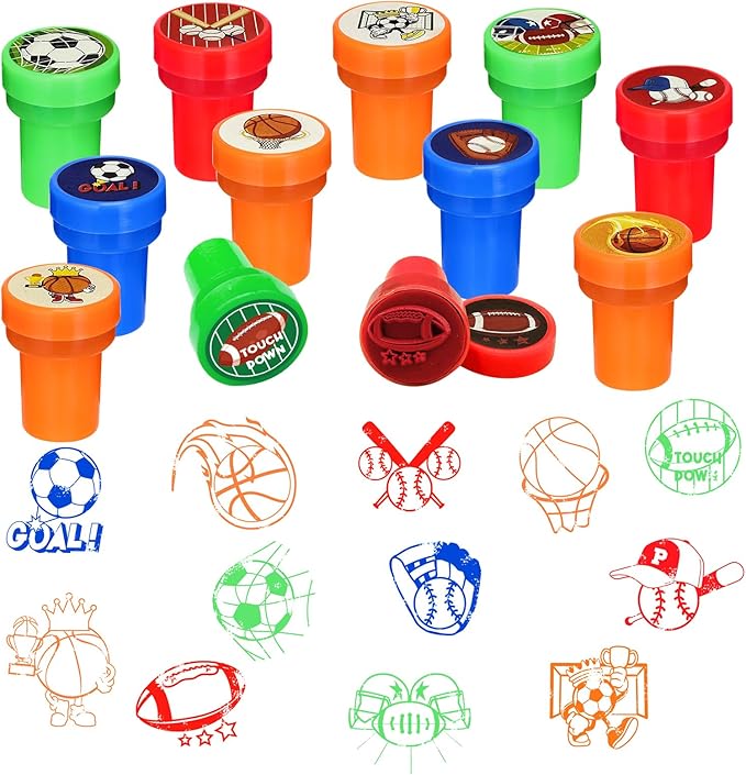 Cinrobiye 24 Pcs Sports Themed Stampers for Kids，Pre-Inked Football Basketball Baseball Soccer Stamps for Birthday Party Favors Classroom Rewards Goodie Bag Fillers Sports Party Supplies