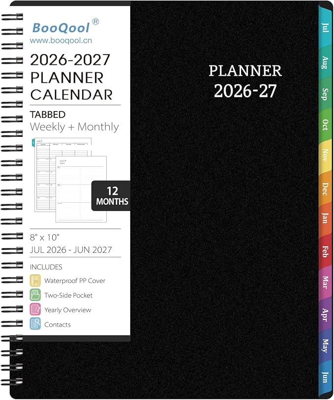 BooQool Planner 2026-2027 for Office, School, Home - Spiral Bound Academic Monthly Weekly Calendar July 2026 - June 2027 Organizer with To Do List, Tabs & PP Cover 8" x 10"
