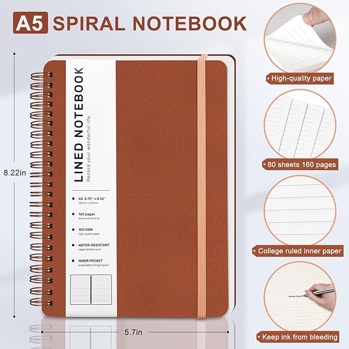 ABERLLS Lined Spiral Journal Notebook with 160 Pages, 8×5.7in, A5 Spiral Notebook, Journaling Notebooks for Work, School, Women, Men, College Ruled Spiral Notebook, Hardcover Leather Journals, Brown
