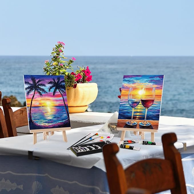 Ctosree 72 Pcs Colorful Sky Paint and Sip Kit for Adults 8'' x 10'' Pre Drawn Canvas for Painting DIY Pre Printed Canvas for Party Favor Afro Acrylic Painting Kit Wood Easel Brushes Date Night Bulk