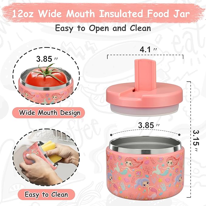 Pawtong 12oz Insulated Vacuum Food Jar with Buckle Lid Wide Mouth Soup Thermo for Hot Food Kids Leakproof Stainless Steel Lunch Container (mermaid)