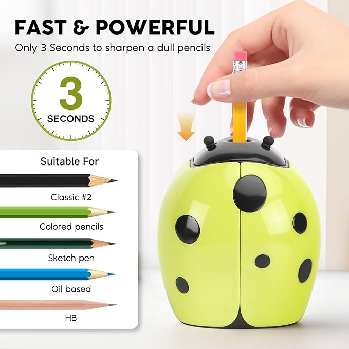 Ladybug Electric Pencil Sharpener – 4AA Battery, Ideal for No.2 and Colored Pencils Portable Pencil Sharpener for School, Home, and Crafts