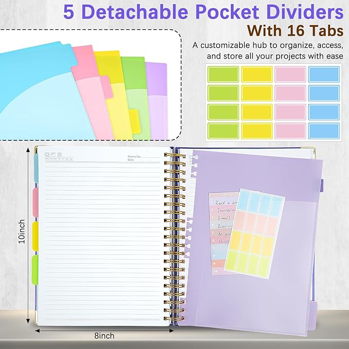 Hardcover Spiral Notebooks for Work 8''x 10'', 300 Pages 5 Subject Notebook with Dividers & Tabs, B5 Spiral Journal for Women, College Ruled Notebooks for School Note-Taking (Purple)