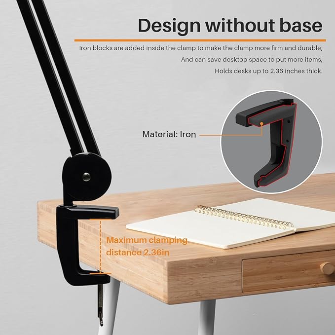 20 Inch LED Desk Lamp with Clamp, 20W 2200 Lumens, 4 Bightness Levels 3 Color Temperatures, Eye-Caring Working Reading Lamp(White, CCT)