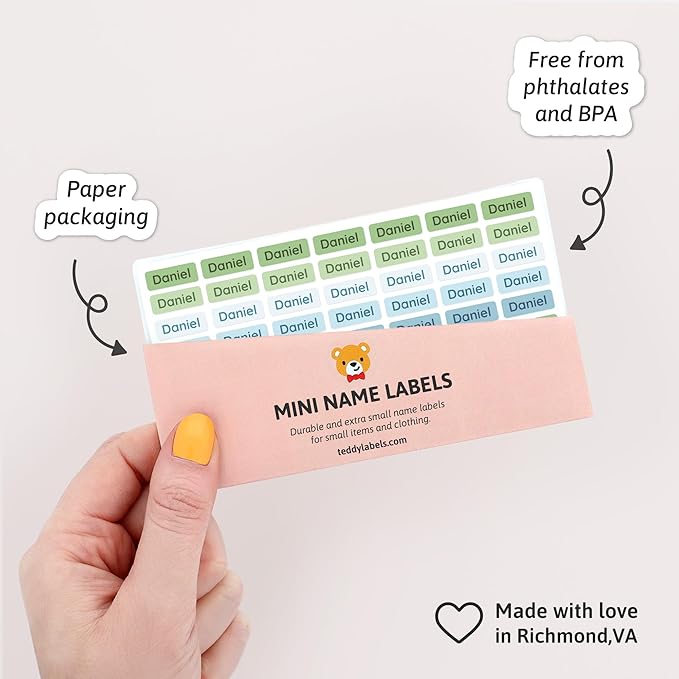 Mini Name Labels (175) - Custom Personalized Name Labels for Labeling Tiny Items, Washer and Dryer-Safe Waterproof Labels for Daycare, Preschool, and School - Aqua