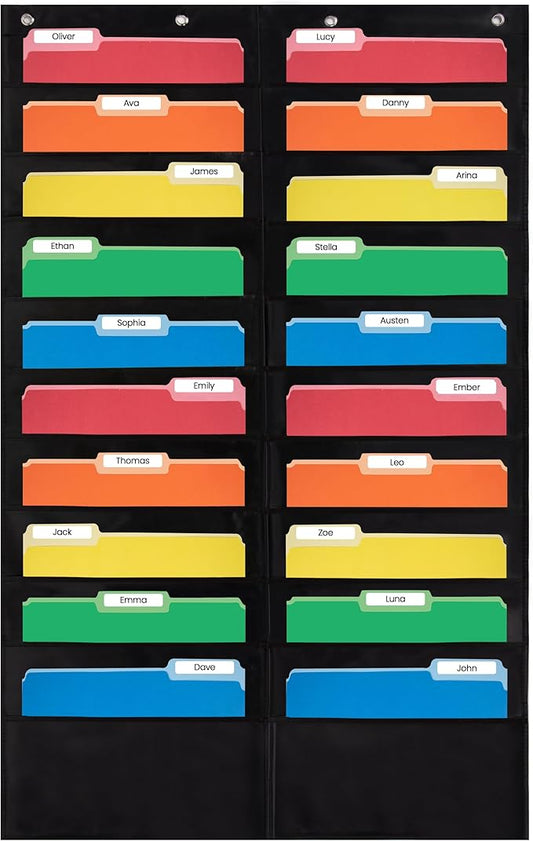 Essex Wares - 20 Pocket File Pocket Chart, Black, 28" Wide x 46" Tall - Versatile Wall Hanging File Folder Organizer for Classroom, Office, Home, and More - Wall Folder Organizer - 20 Pockets