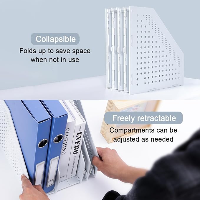 FRETONBA Collapsible Magazine File Holder with 4 Vertical Compartments Foldable Binder Holder for Desk Binder Storage Organizer Plastic Magazine Holders for Shelf, Light Gray
