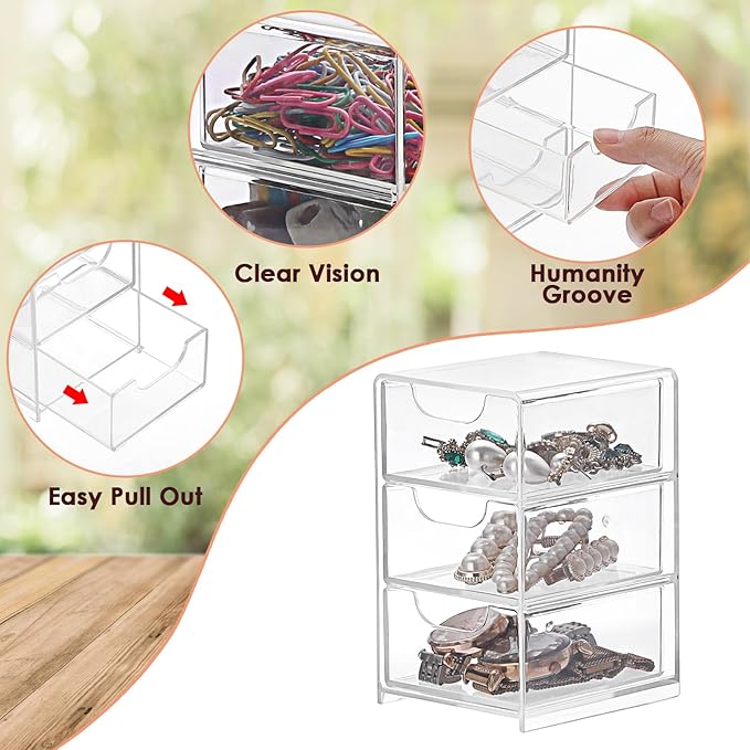 BTSKY 2 Pack Small Acrylic Storage Organizer with Drawers, 3-Layer Clear Desktop Organizer for Office Supplies Mini Storage Box with Drawers for Desk, Desktop Makeup Drawer Jewelry Storage Box