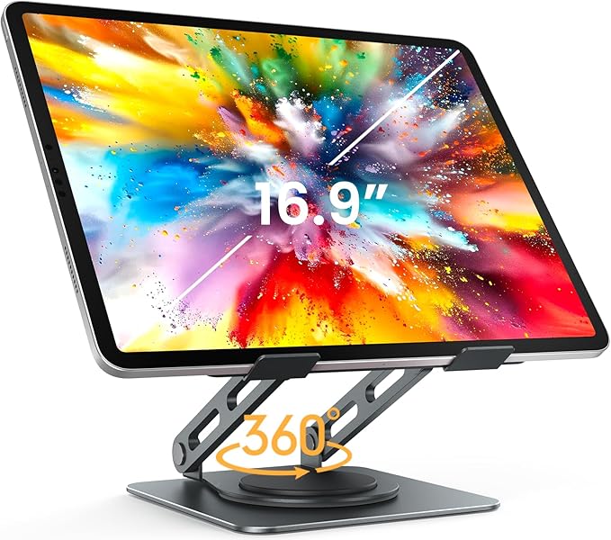 LOXP Metal Tablet Stand, 360 Rotating iPad Stand with Heavy-Duty Base, Tablet Holder Compatible with 4.0-16.9" Device, 2025 iPad Pro Air Mini, Kindle, Surface Tablet, Portable Monitors - Gray