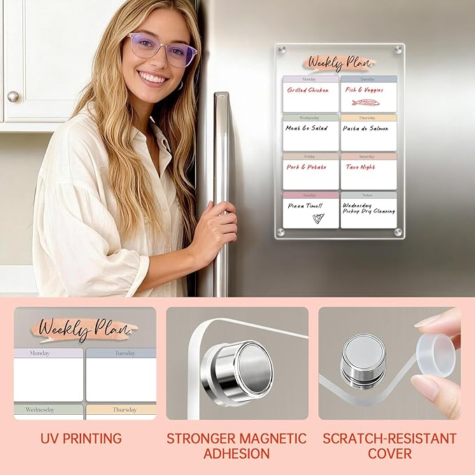 Magnetic Acrylic Weekly Dry-Erase Board -8x12 Inch Fridge Calendar Organizer, Color-Block Design for Clear Visual Planning, with Erasable Magnetic Markers, Ideal for Workers, Students, Home, Office