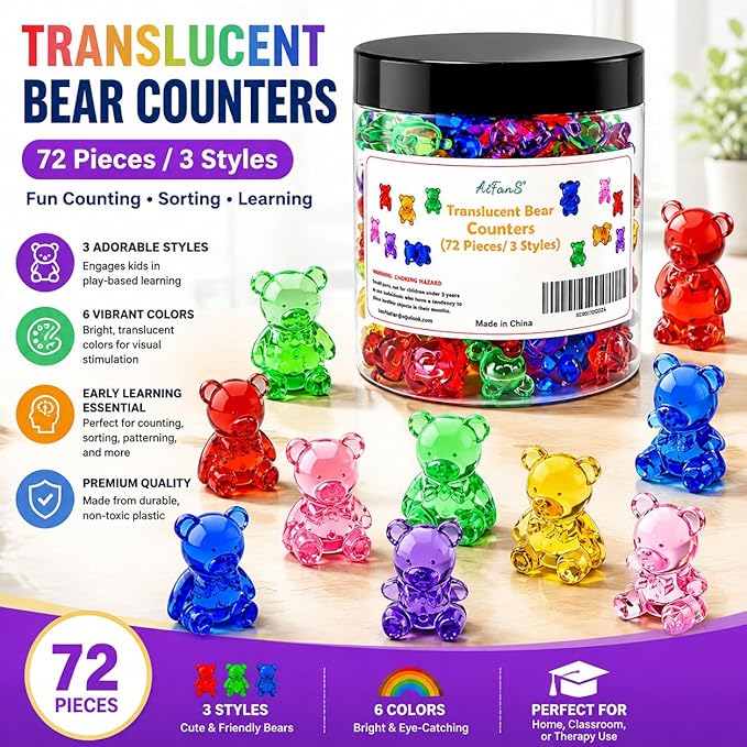 Counting Bears for Kids, 72 PCS Math Counters with Storage Box, Montessori Color Sorting & Counting Toys for Toddlers, Preschool Educational Math Manipulatives for STEM Learning (3 Styles)