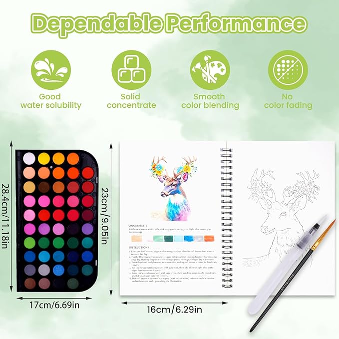 Watercolor Workbook | Watercolor Paint Set with 48-Colors Palette and Brushes | 13 Original water coloring book DIY Design PatternsWatercolor Book Set for Adults and Teenagers (Flowers & Animals)