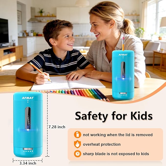 AFMAT Electric Pencil Sharpener, Fully Automatic Pencil Sharpener, Auto in & Out, Rechargeable Hands-Free Sharpeners for Jumbo & Colored Pencils (6.5-12mm), Portable for Home/Classroom/Office PSC2