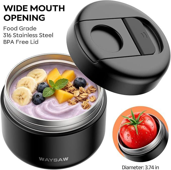14 oz Kids Thermo for Hot Food, Leakproof Insulated Vacuum Jar/Black | 316 stainless steel wide mouth buckle lid BPA free pasta soup small hand friendlly keep food hot and cold school lunch picnic