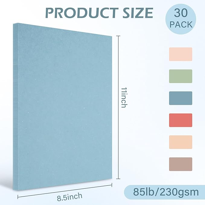 8.5x11 Colored Cardstock 30 Sheets, 230gsm/85lb Assorted Colors Heavy Craft Paper for Inkjet Printing, Card Making, Construction Paper, Scrapbooking, DIY Crafts, Double-Sided Heavyweight
