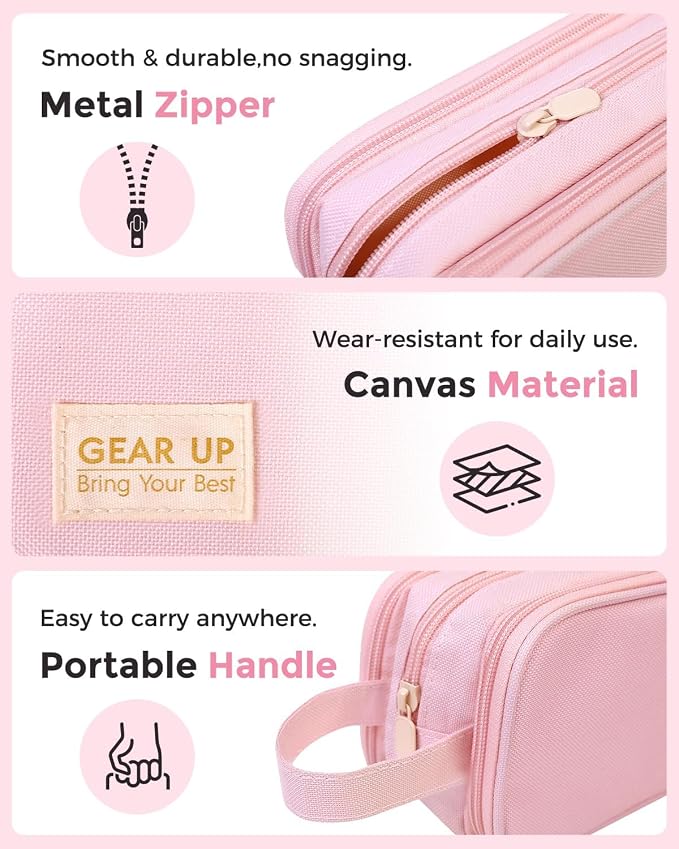 SKYDUE Large Capacity Pencil Case with Handle, 3 Compartment Canvas Pencil Pouch, Cute Soft Color Pencil Bag for Pens, Markers, Aesthetic Stationery and Organizer for Teen Girls Adult, Pink