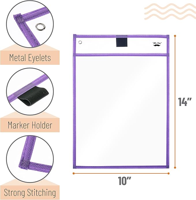 Mr. Pen- Reusable Dry Erase Pocket Sleeves, 10" x 14", 6 Pack, Pastel Colors, Clear Plastic Paper Sleeves, Ticket Holders, Clear Plastic Sheet Protectors, Teacher, School, Classroom Supplies