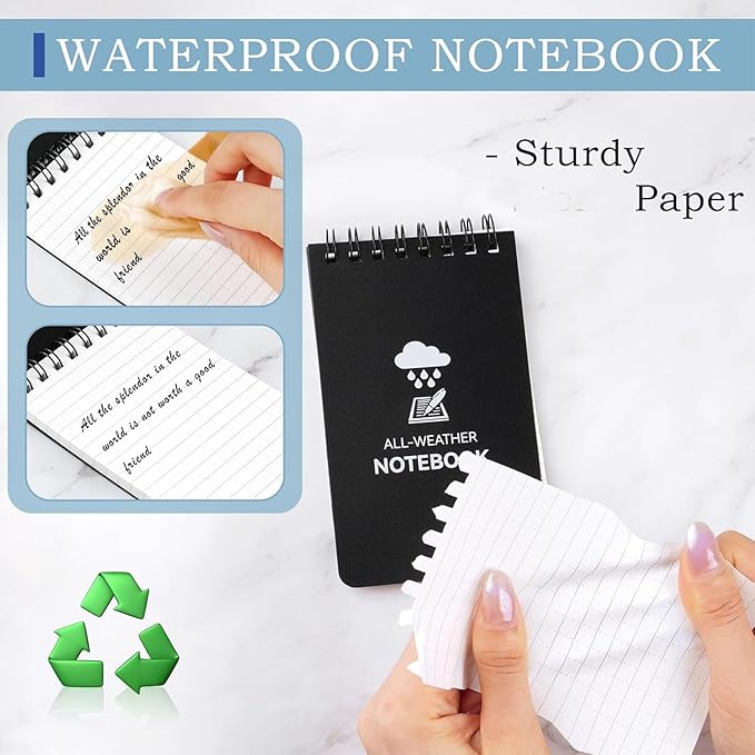 COIDEA 6 Pack Waterproof Notebook, 3 x 5 Pocket Notepad, Top-Spiral Weatherproof NotePad, All Weather Police Pocket Notebook Little Memo Steno Note Pads for Outdoor Office School Recording