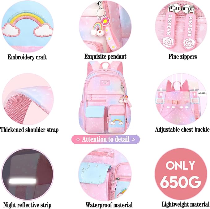 Jcobvig Rainbow Backpack For Girls Kids,Cute Student School Backpack With Pen Bag,Aesthetic Starry Rainbow Laptop Travel Bag