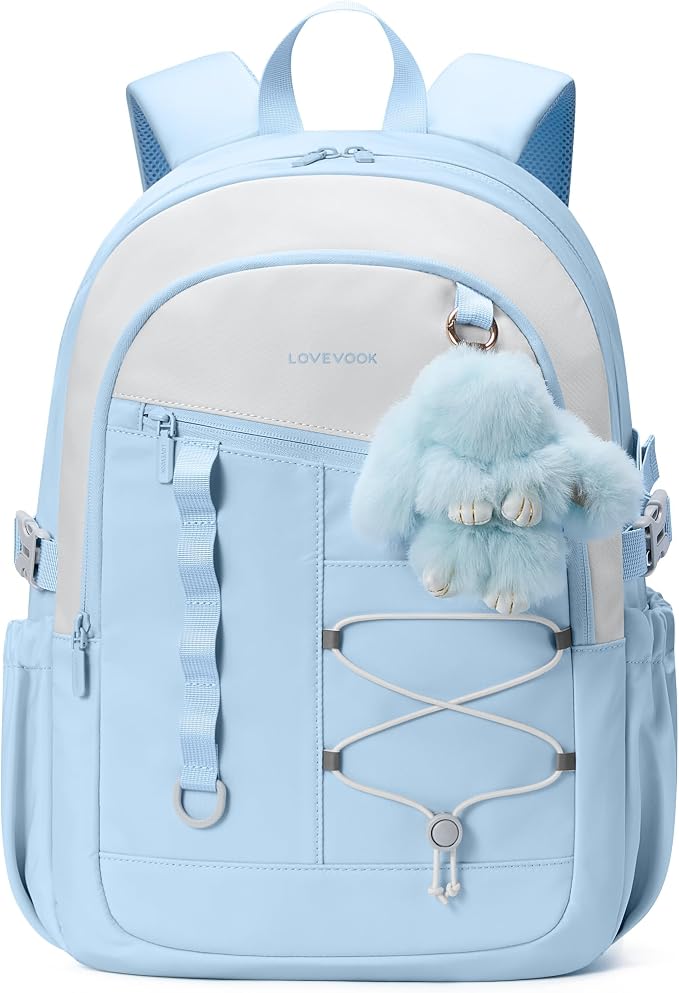 LOVEVOOK School Backpack for Girls, Large Capacity 16 Laptop Backpack with Tumbler Pockets, Multi-Compartment Backpacks with Lucky Bunny Charm, Water-Resistant Travel Backpack, Ice Blue