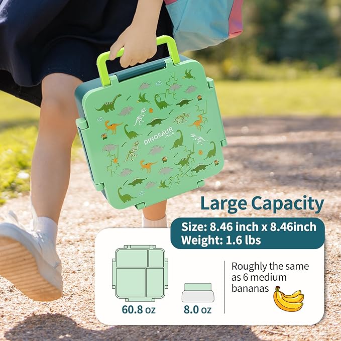 Bento Box for Kids with Thermos, [Large Capacity] Insulated Kids Lunch Box with 4 Compartment for Ages 3+, Drop-Proof & Dishwasher Safe Lunchbox Container Green