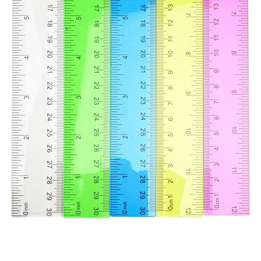 5 Pieces Transparent Blue Plastic Ruler, 12 inch (30cm) Ruler, Pack of 5, Clear Ruler, Plastic Ruler, Rulers for Kids, Measuring Tools, Ruler Set, Ruler inches and Centimeters (Blue)