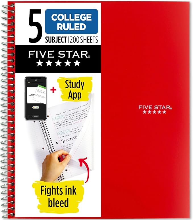 Five Star Spiral Notebook + Study App, 5 Subject, College Ruled Paper, Fights Ink Bleed, Water Resistant Cover, 8-1/2" x 11", 200 Sheets, Color Will Vary (06208)