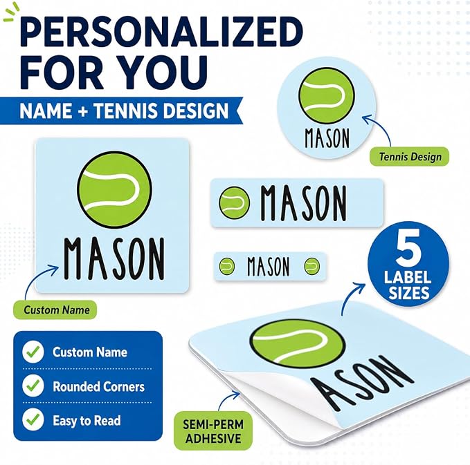 Andaz Press Custom Personalized Waterproof School Name Labels, Tennis, 120-Pack, Kids Labels Combo Pack, Customizable Multi-Use Name Stickers for Preschool, Daycare, Supplies, Office, Water Bottle