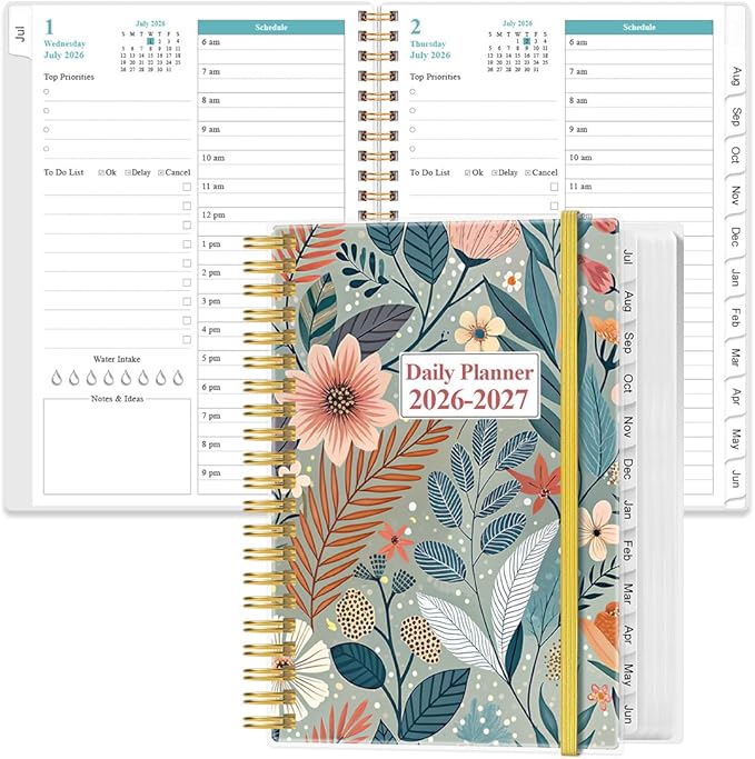 2026-2027 Daily & Monthly Planner - One Page Per Day, Daily Planner 2026 from July 2026 to June 2027, Planner 2026-2027 with 12 Monthly Tabs, 6.4" x 8.5", Flower-A