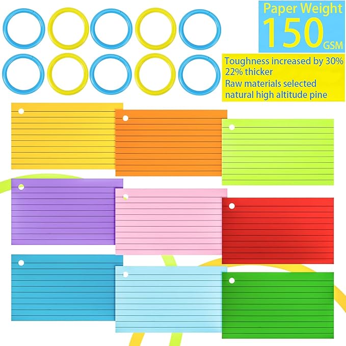 280Pcs Colored Index Cards 3x5 Inch Flash Cards with Rings Lined Note Card Flashcards, Colorful Ruled Card Pad Index Note Books 3 x 5 Notecards for Studying School Supply College Office