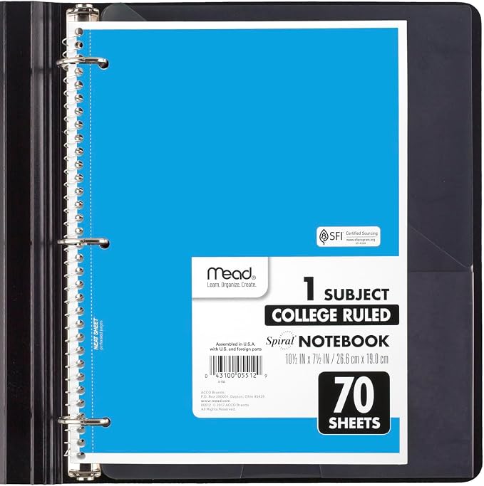 Mead Spiral Notebook, 24 Pack, 1 Subject, College Ruled Paper, 7-1/2" x 10-1/2", 70 Sheets per Notebook, Assorted Bright Colors (830050-ECM)