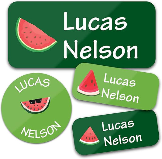 Bunny Badges Personalized Daycare Name Labels for Kids (130 Labels) - Custom Waterproof Name Stickers for Clothing Tags, Water Bottles, Lunch Boxes and School Supplies (Watermelon)