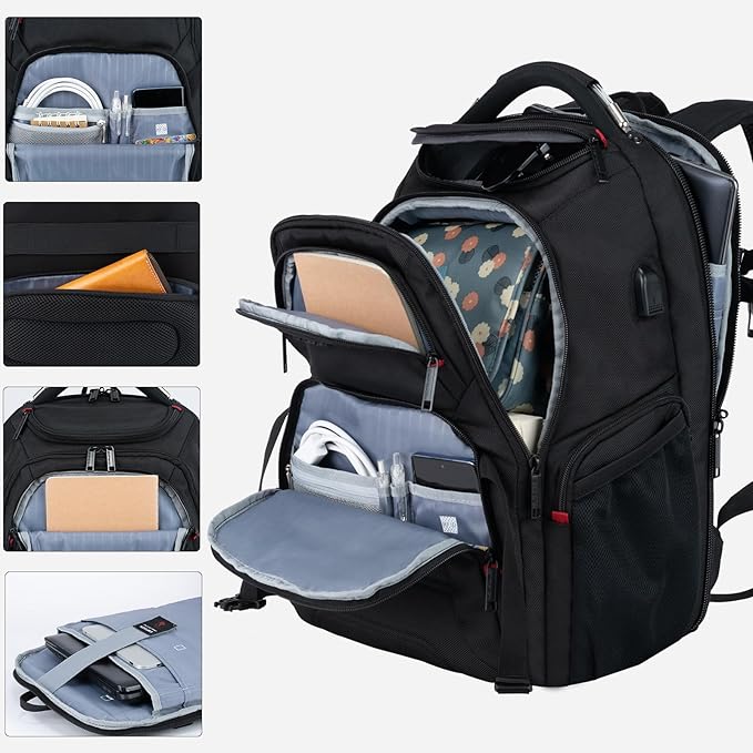 EMPSIGN Travel Laptop Backpack for men, 17.3 Inch Computer Backpack, 45L Anti-Theft Business Laptop Backpack with USB Charging Port, Water-Repellent Work College School Backpack for Men Women, Black