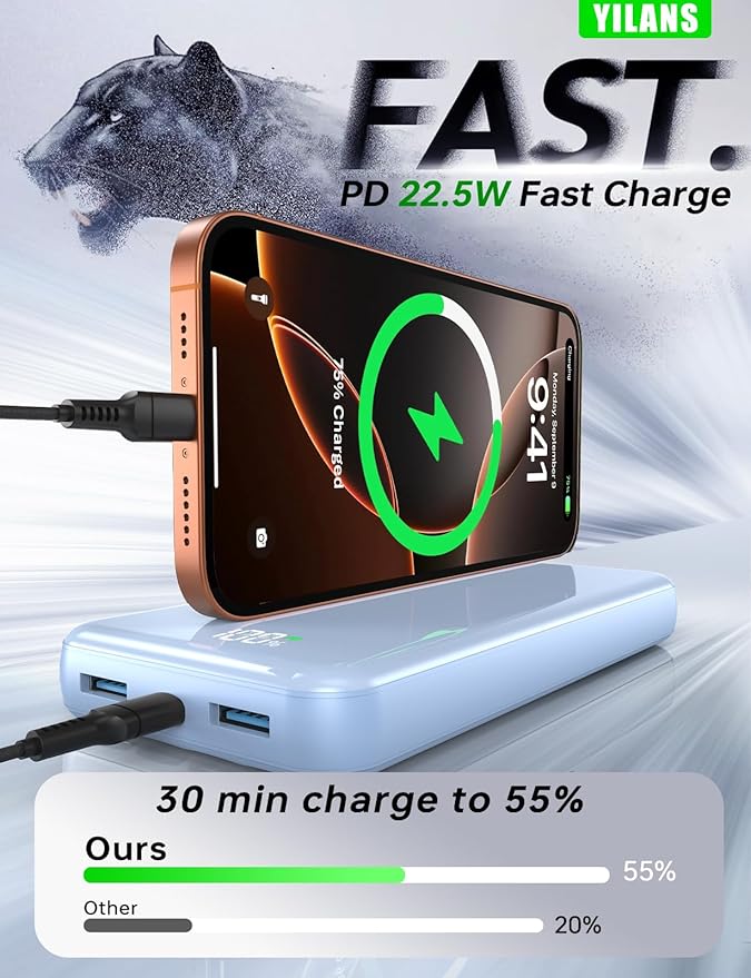 Portable Charger,50000mAh Power Bank Built-in Cable, 22.5W PD USB C In & Out Fast Charging, External Battery Pack with 6 Output & 2 Input, Travel Camping Essential for iPhone 17/16/15/14/13/12(Blue)