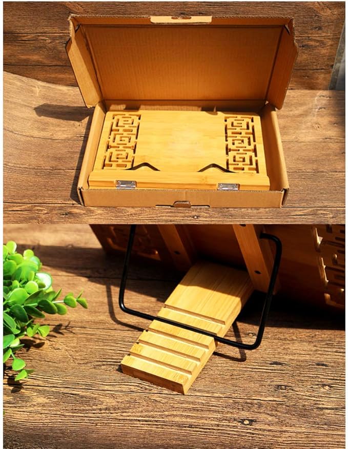 Portable Bamboo Adjustable Book Stand Holder Tray Cookbook Reading Desk Sturdy Lightweight Bookstand-Textbooks Bookstands Music Books Tablet Stands (Hollow（11.2" x 8.3"）)