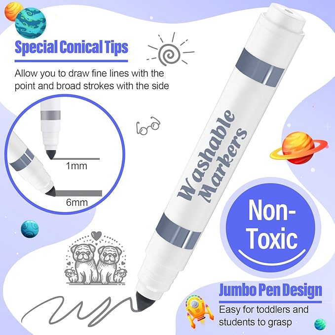 24 Pcs Washable Markers Bulk Broad Line Markers Coloring Conical Tip Large pens for Kids art projects, Teachers, Students, Toddlers, Party Favors, Classrooms, Donations(Gray)
