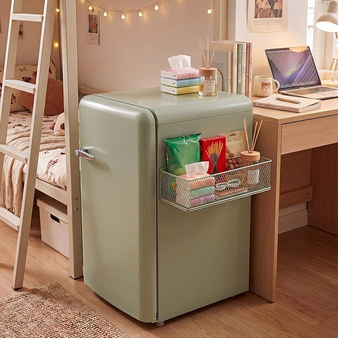 FoldTier 1 Pack Sage Green Magnetic Basket Fridge Organizer, Magnetic Shelf Containers Storage Bin Holder for Kitchen Dorm Locker Refrigerator Classroom Whiteboard Office Table (13.8 x 3.1 x 4.9 Inch)