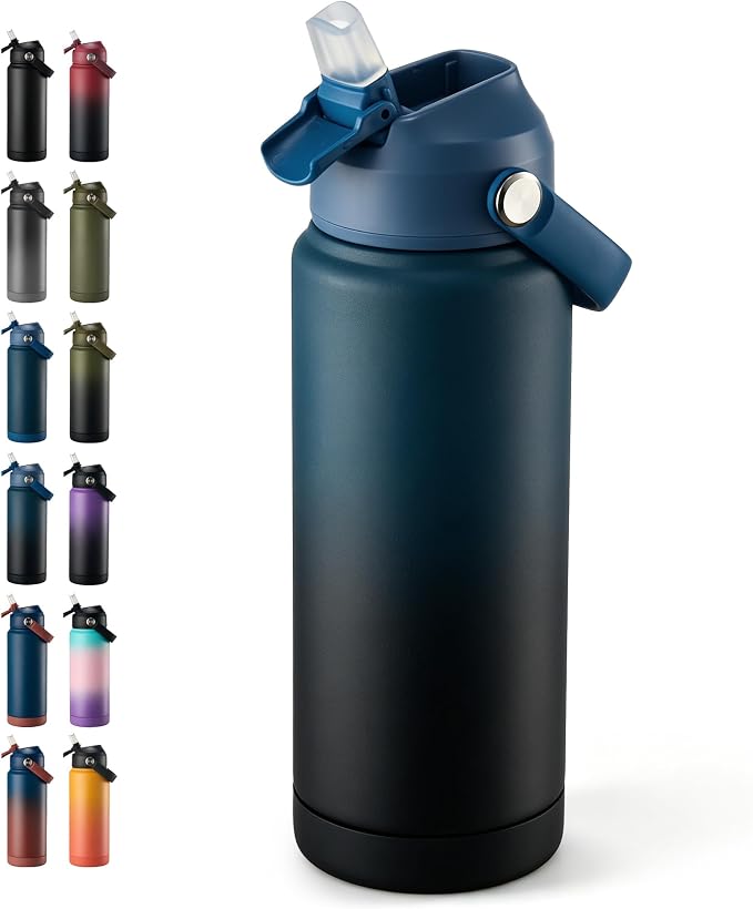 Fijinhom 24 oz Insulated Water Bottle with Straw Lid, Stainless Steel Water Bottles, Double Wall Vacuum, Portable Handle & Non-slip Bottom, BPA Free Leak Proof Metal Bottles, Keep Cold 24H, Blue/Black