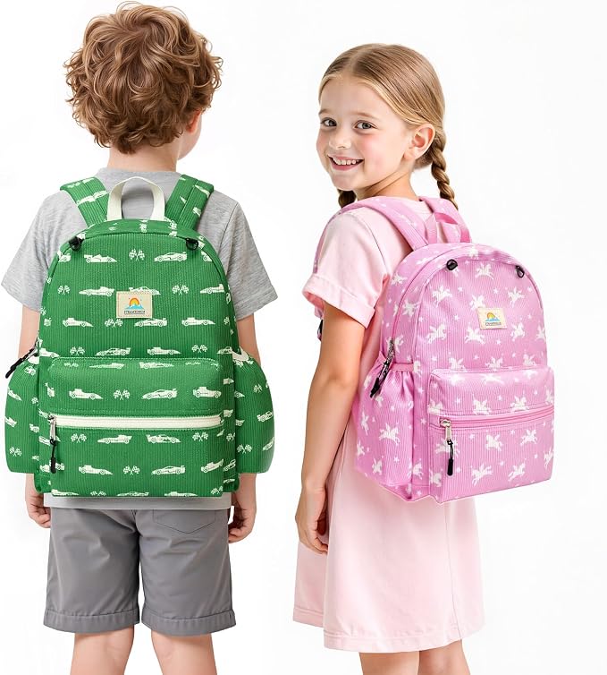 STEAMEDBUN Corduroy Kids Backpack for Girls and Boys 5-8: Girls Backpack for Elementary Kindergarten - 15 inch Cute Backpacks for Kids - Green Racing