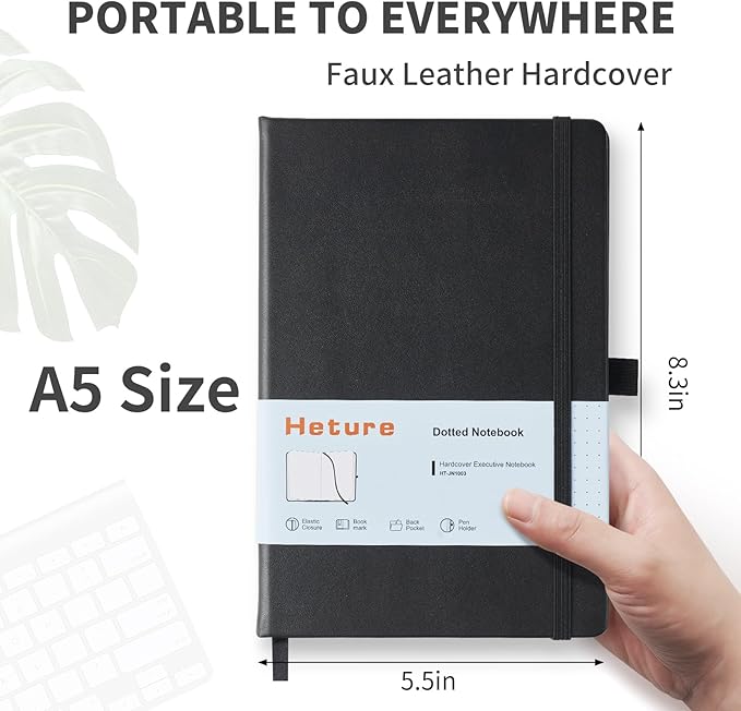 Heture Hardcover Dotted Notebooks, A5 Dotted Journal Notebook for Writing 160 Pages, 8.2 x 5.5 inch, Classic Dotted Notebooks for College/Work/Travel(Dotted-3 Pack, Black)