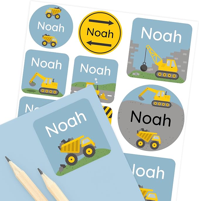 Camp Name Labels for Kids (33) – Personalized Stickers & Daycare Labels – Waterproof for Water Bottles, Lunch Boxes & School - Constructions
